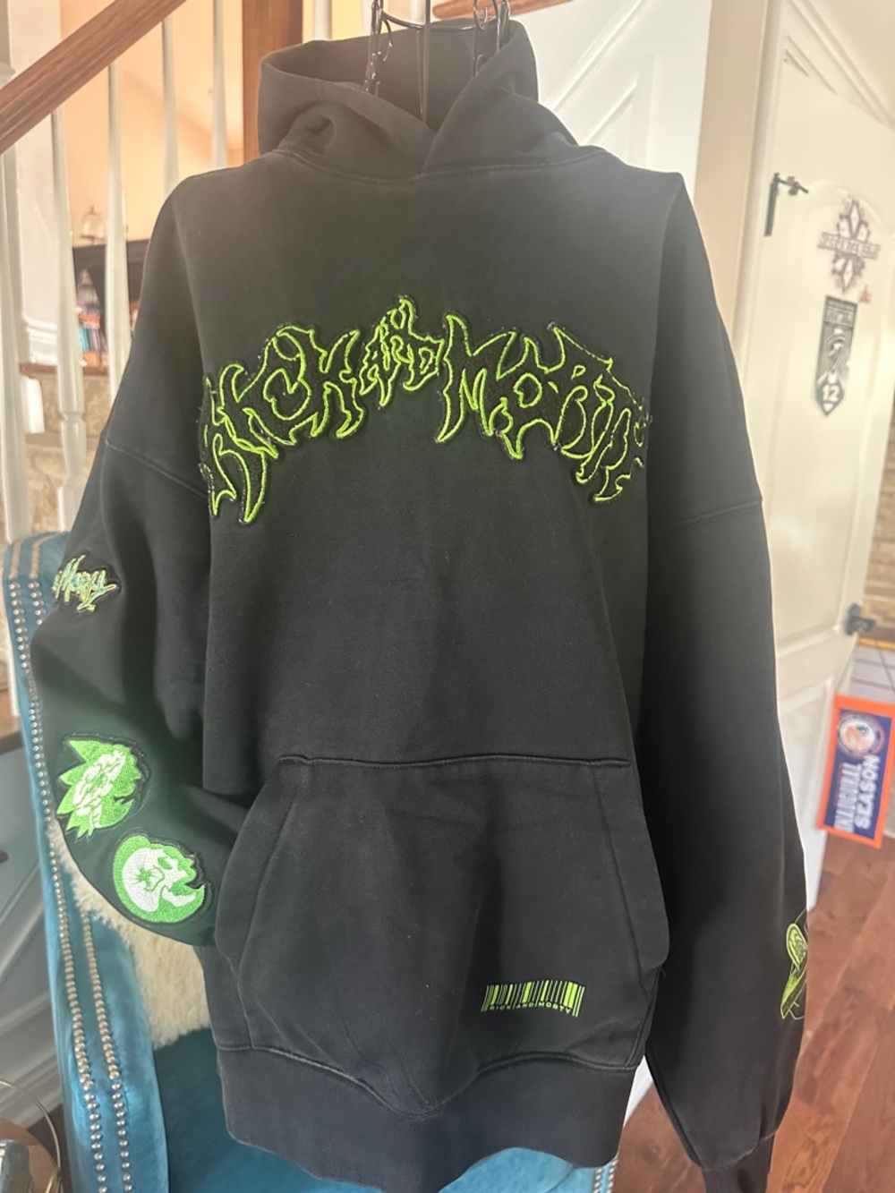 Men's Black Crewneck Hoodie with Neon Green Graphic